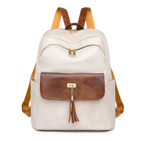 Sac à Dos en Cuir PU Vintage pour Femmes Grande Capacité Décor de Gland Mode Décontracté Voyage Sac à Dos Multi Poches