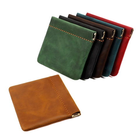 Vintage Crazy Horse Leather Coin Purse Squeeze Metal Frame Small Wallet First Layer Cowhide Card Holder RFID Storage Bag
