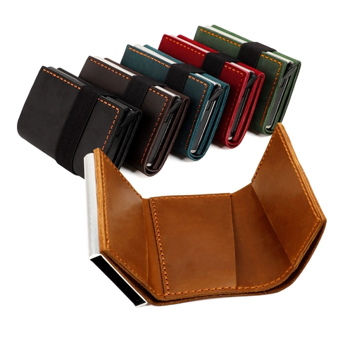 Dreifach Gefaltetes Kartenetui Aus Echtem Leder Mit RFID-Schutz Aluminium Pop-Up Box Minimalistische Slim Wallet Herren Damen