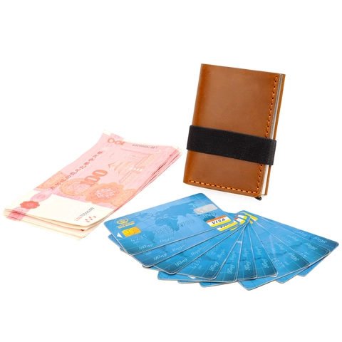 Dreifach Gefaltetes Kartenetui Aus Echtem Leder Mit RFID-Schutz Aluminium Pop-Up Box Minimalistische Slim Wallet Herren Damen