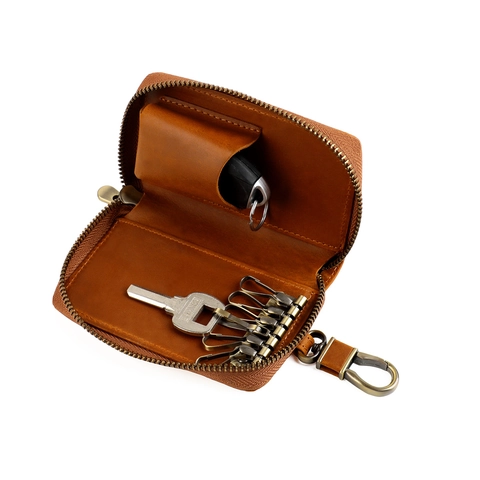 Custodia Per Chiavi Vintage In Vera Pelle Di Vacchetta Portafoglio Con Zip Grande Capacità Porta Chiavi Auto Con Ganci