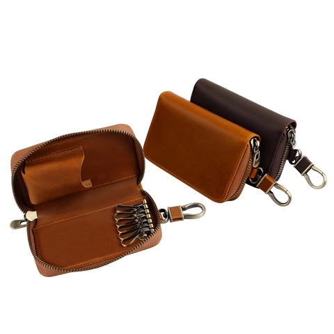 Custodia Per Chiavi Vintage In Vera Pelle Di Vacchetta Portafoglio Con Zip Grande Capacità Porta Chiavi Auto Con Ganci