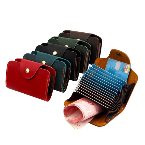Vintage Crazy Horse Genuine Leather Card Holder RFID Blocking Accordion Case Mini Wallet For Men Women Cowhide Coin Purse