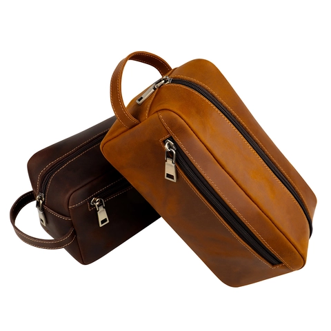 Vintage Crazy Horse Genuine Leather Toiletry Bag Large Capacity Cowhide Makeup Organizer Bag For Travel Men Women Clutch