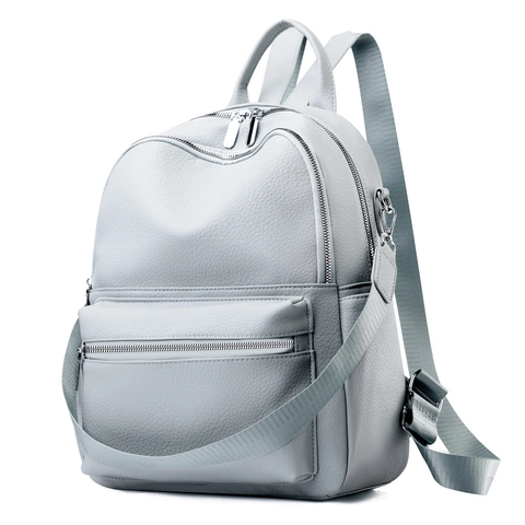 Women PU Leather Backpack Fashion Lychee Pattern Large Capacity Travel Casual School Bag Multi Pocket Silver Zipper