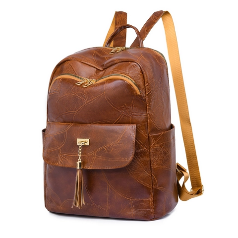 Sac à Dos en Cuir PU Vintage pour Femmes Grande Capacité Décor de Gland Mode Décontracté Voyage Sac à Dos Multi Poches