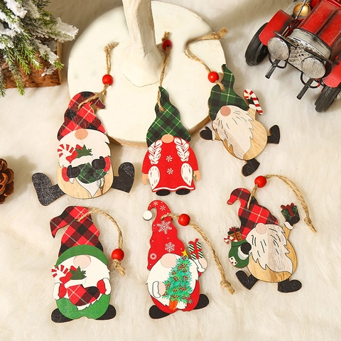 Orecchini Pendenti in Legno a Forma di Gnomo di Natale Con Corda di Iuta Perline Rosse Motivo a Quadretti Decorazioni
