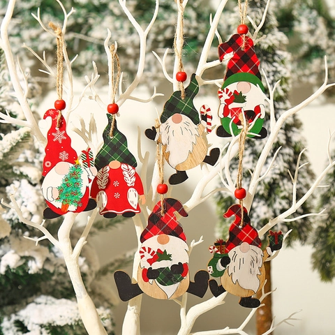 Orecchini Pendenti in Legno a Forma di Gnomo di Natale Con Corda di Iuta Perline Rosse Motivo a Quadretti Decorazioni