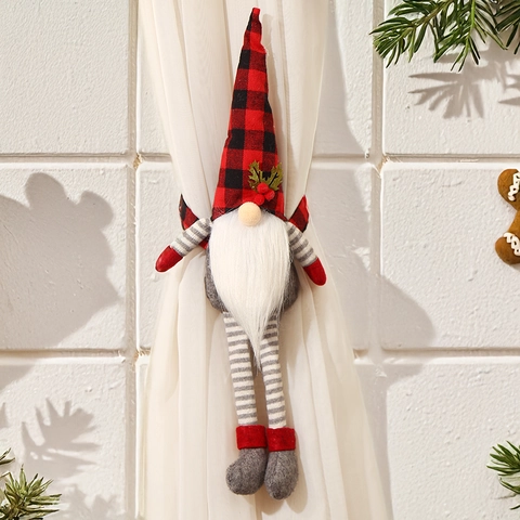 Christmas Gnome Curtain Buckle Tieback Buffalo Plaid Hat Faceless Old Man Doll Window Decoration Holiday Home Ornaments