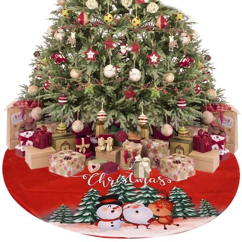 Gonna per Albero di Natale Rossa Con Stampe di Babbo Natale Pupazzo di Neve Renna Decorazione Rotonda per Festa di Natale