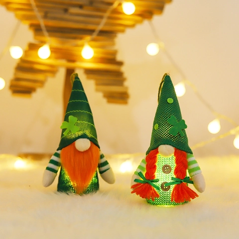 St Patrick Day Glowing Gnome Ornament LED Light Green Shamrock Clover Irish Festival Home Party Decor Hanging Gift