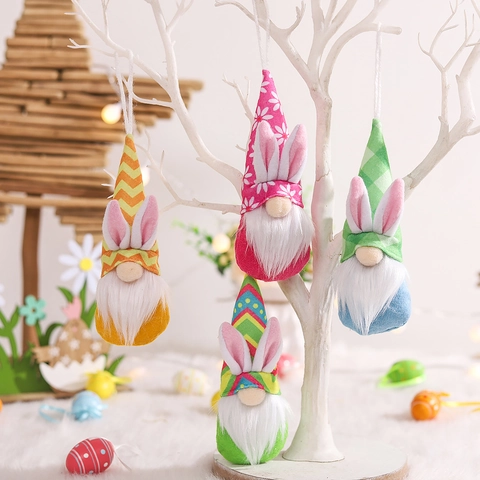 Easter Gnome Plush Hanging Ornament Bunny Ears Faceless Doll Floral Plaid Patterns Home Holiday Decoration Pendants For Party