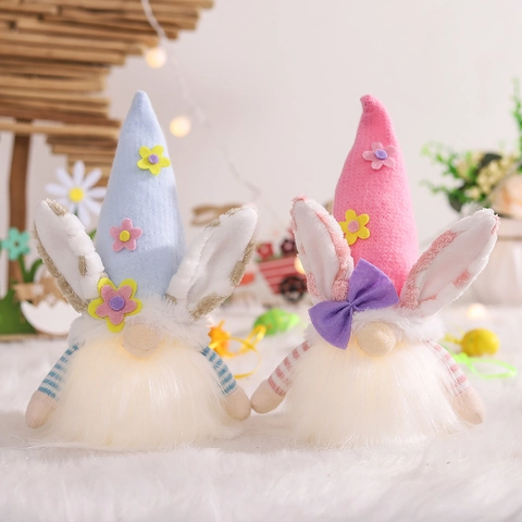 LED Lighted Easter Gnome Plush Doll With Bunny Ears Faceless Gnome For Home Decor Holiday Party Favors Desktop Ornament
