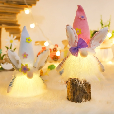 LED Lighted Easter Gnome Plush Doll With Bunny Ears Faceless Gnome For Home Decor Holiday Party Favors Desktop Ornament