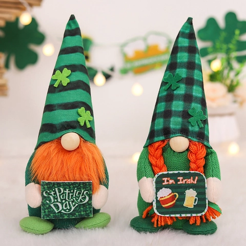 St Patrick Day Kabouters Pluche Gebreide Stof Kunstbont Klaver Gestreepte Hoed Oranje Baard Vlechten Woondecoratie Ornament