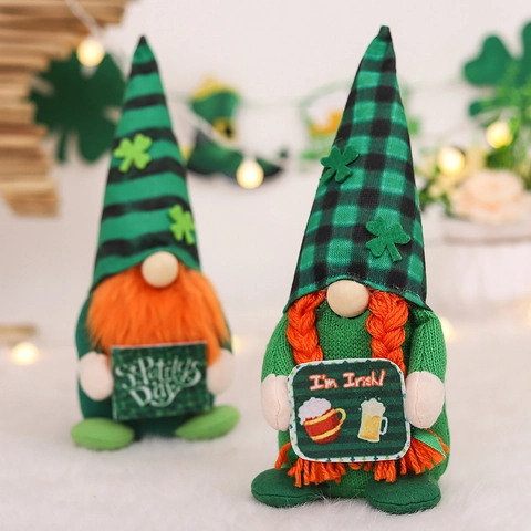 St Patrick Day Kabouters Pluche Gebreide Stof Kunstbont Klaver Gestreepte Hoed Oranje Baard Vlechten Woondecoratie Ornament