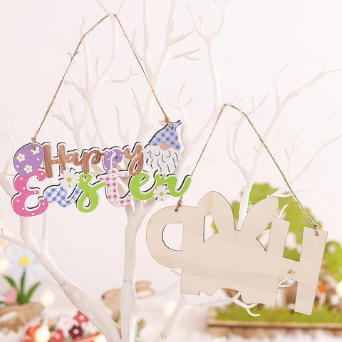 Ostern Holzanhänger Happy Easter JOY HOP Buchstaben Anhänger Ornament Hase Wichtel Osterei Deko Für Zuhause Fenster Tür