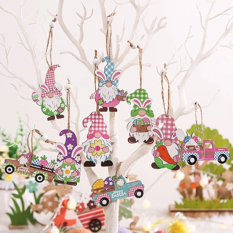Decorazioni Appese In Legno Di Pasqua Gnomo Coniglio Auto Camion Pendenti Corda Di Canapa Per Decorazione Casa Festa