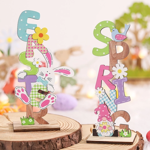 Lettres De Paques En Bois Ornement De Table Signe Alphabet Printemps Lapin Gnome Decorations De Bureau Maison