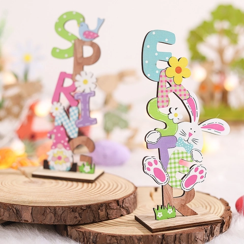 Easter Spring Wooden Letter Table Ornament Colorful Painted Bunny Gnome Flower Desktop Decoration For Festive Home Party