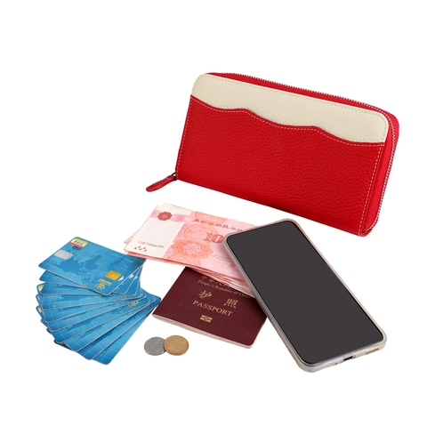 Portafoglio Lungo Donna Vera Pelle Blocco RFID Grande Capacità Cerniera Pochette Porta Carte Di Credito Colore A Contrasto