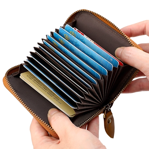 Vintage RFID Blocking Card Holder Genuine Cowhide Leather Multi Slot Accordion Zipper Wallet For Men Women Retro Brown