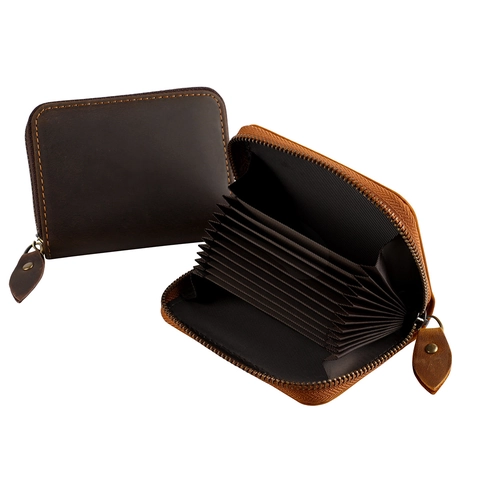Vintage RFID Blocking Card Holder Genuine Cowhide Leather Multi Slot Accordion Zipper Wallet For Men Women Retro Brown