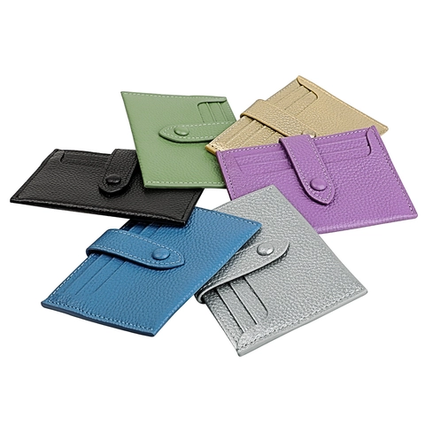 Portacarte Con Blocco RFID Vera Pelle Di Vacchetta Portafoglio Sottile Grana Litchi Bottone A Pressione Per Donna E Uomo