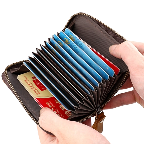 Vintage Genuine Cowhide Leather Accordion Card Holder RFID Blocking Large Capacity Zipper Wallet