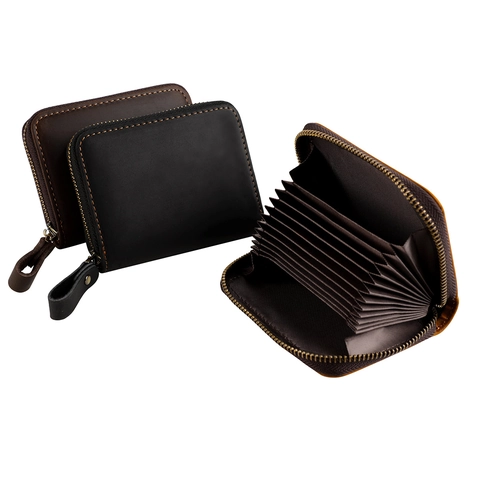 Vintage Genuine Cowhide Leather Accordion Card Holder RFID Blocking Large Capacity Zipper Wallet