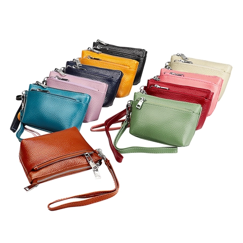 Genuine Cowhide Leather Coin Purse Zippered RFID Blocking Pebbled Wallet With Detachable Wristlet Strap For Men Women