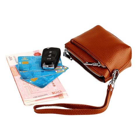 Genuine Cowhide Leather Coin Purse Zippered RFID Blocking Pebbled Wallet With Detachable Wristlet Strap For Men Women