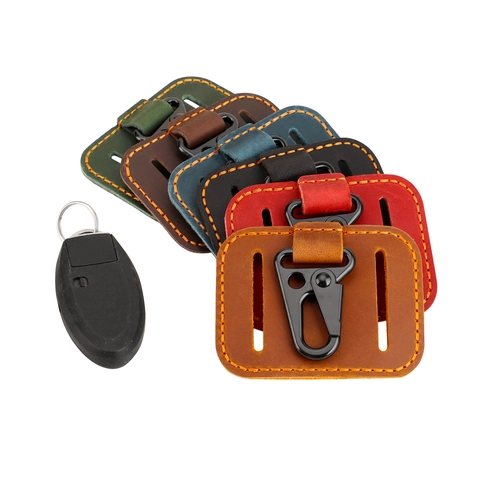 Vintage Crazy Horse Leather Car Keychain For Men Handmade Tactical Belt Hook Metal Eagle Mouth Buckle Outdoor Key Ring