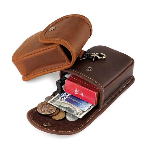 Vintage Crazy Horse Genuine Leather Waist Bag Men Small Cigarette Case Hook Belt Pouch Retro Cowhide Mini Organizer Bag