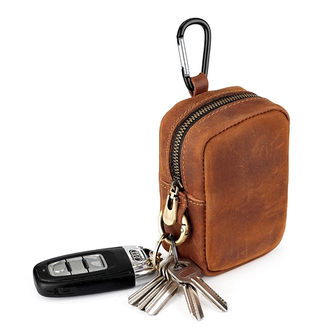 Vintage Crazy Horse Leather Men Waist Bag Outdoor EDC Key Pouch Zip Belt Pouch With Carabiner For Cigarettes Coins Jewelry