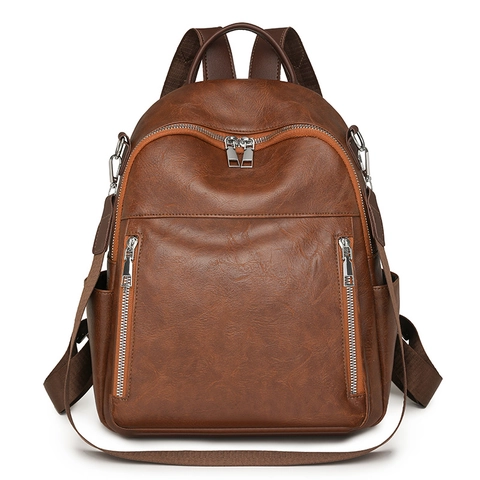 Fashion Women PU Leather Backpack Large Capacity Retro Casual Multi-pocket Functional Travel Daypack Shoulder Bag