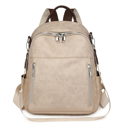 Vintage Women PU Leather Backpack Large Capacity Multi-Pocket Waterproof Casual Travel Shoulder Bag Retro Fashion
