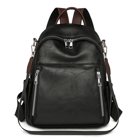 Vintage Women PU Leather Backpack Large Capacity Multi-Pocket Waterproof Casual Travel Shoulder Bag Retro Fashion
