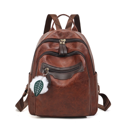 Mochila De Moda Para Mujer Cuero PU Suave Gran Capacidad Multi Bolsillo Rucksack Viaje Informal Con Pompón