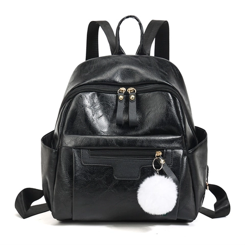 Women Fashion Backpack PU Leather Large Capacity Multi Pocket Waterproof Casual Travel Student Daypack With Fur Ball Pendant