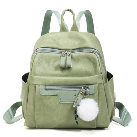 Women Fashion Backpack PU Leather Large Capacity Multi Pocket Waterproof Casual Travel Student Daypack With Fur Ball Pendant