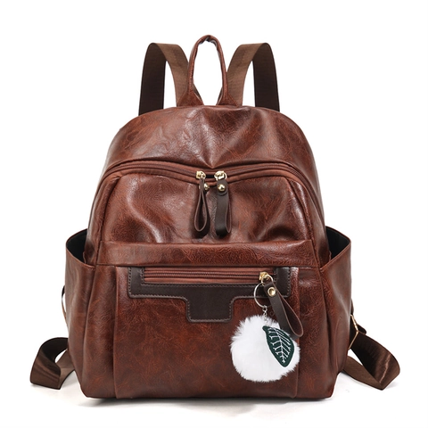 Women Fashion Backpack PU Leather Large Capacity Travel School Bag With Fur Ball Pendant Vintage Retro Trendy Ladies