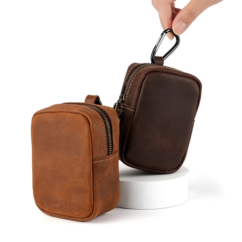 Vintage Crazy Horse Leather Men Waist Bag Outdoor EDC Key Pouch Zip Belt Pouch With Carabiner For Cigarettes Coins Jewelry