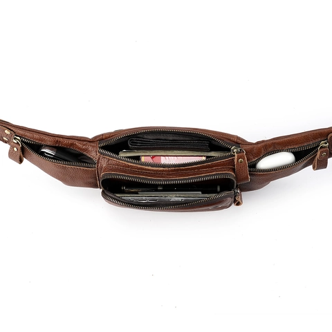 Herren Echtes Leder Gürteltasche Lychee Textur Mehrere Taschen Fanny Pack Kopfhörerloch Rindsleder Brusttasche Umhängetasche
