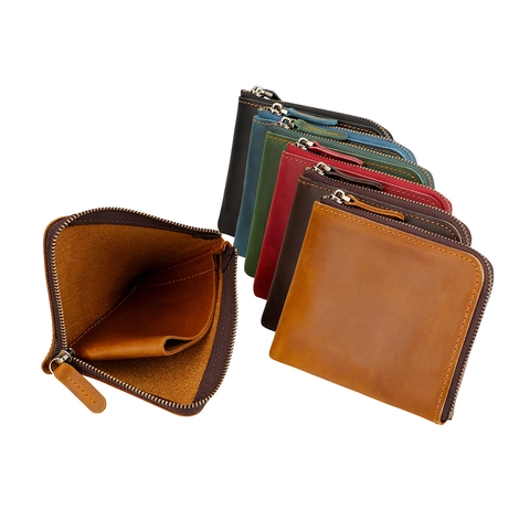 Handmade Genuine Cowhide Leather L-Zip Coin Purse Vintage RFID Blocking Card Holder Wallet For Men Women Minimalist Pouch