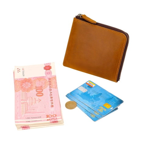 Handmade Genuine Cowhide Leather L-Zip Coin Purse Vintage RFID Blocking Card Holder Wallet For Men Women Minimalist Pouch