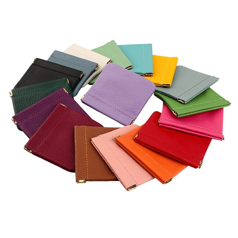 Mini Coin Purse Genuine Cowhide Leather Lychee Texture Spring Flex Metal Squeeze Closure Card Holder Earphone Lipstick Pouch