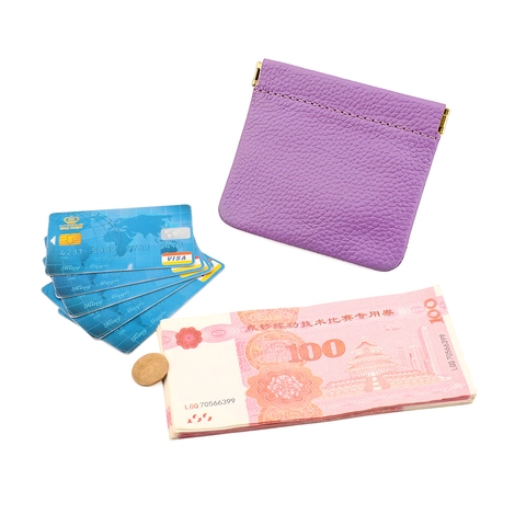 Mini Coin Purse Genuine Cowhide Leather Lychee Texture Spring Flex Metal Squeeze Closure Card Holder Earphone Lipstick Pouch