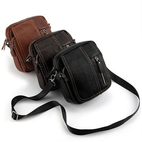Borsa a Tracolla Uomo Vintage in Vera Pelle Multitasca in Pelle di Vacca Borsa a Spalla Marsupio con Cuciture a Contrasto