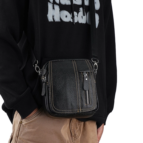 Borsa a Tracolla Uomo Vintage in Vera Pelle Multitasca in Pelle di Vacca Borsa a Spalla Marsupio con Cuciture a Contrasto